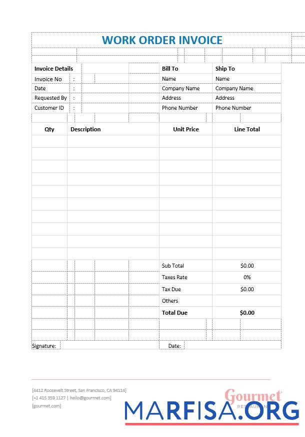Printable Restaurant Work Order Invoice Template
